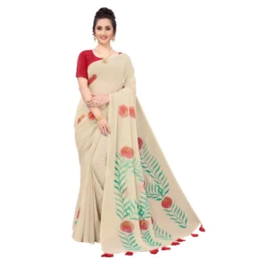 Women's Georgette Floral Hand Printed Sarees (Beige, 5-6 Mtrs)