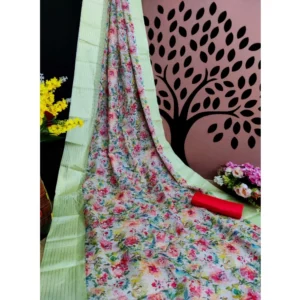 Women's Kota Doria Digital Printed Sarees (Lemon, 5-6 Mtrs)