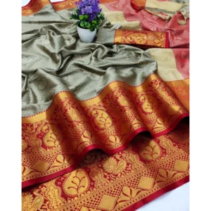 Women's Cotton Blend Emboss Woven Pattern Sarees (Beige Red, 5-6 Mtrs)