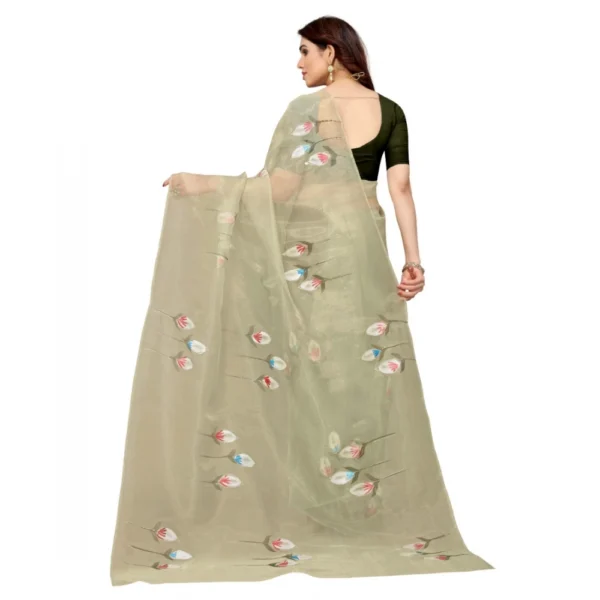 Women's Organza Floral Pattern Sarees (Mehndi, 5-6 Mtrs)