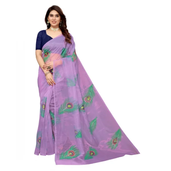 Women's Organza Floral Pattern Sarees (Lavendor, 5-6 Mtrs)