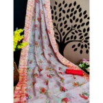 Women's Kota Doria Digital Printed Sarees (Orange Grey, 5-6 Mtrs)