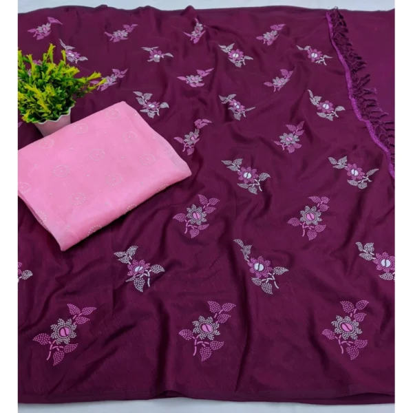 Women's Vichitra Silk Floral Rubber Printed Sarees (Wine, 5-6 Mtrs)
