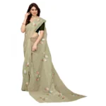 Women's Organza Floral Pattern Sarees (Mehndi, 5-6 Mtrs)