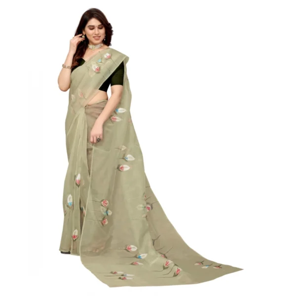 Women's Organza Floral Pattern Sarees (Mehndi, 5-6 Mtrs)