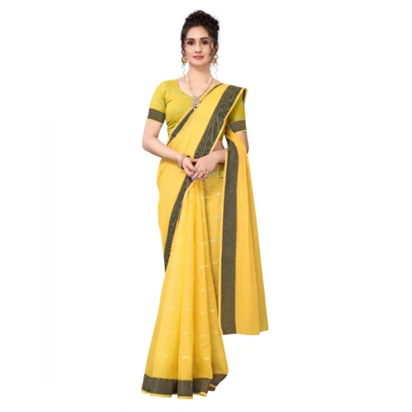 Women's Cotton Blend Stripe Pattern Sarees (Yellow, 5-6 Mtrs)