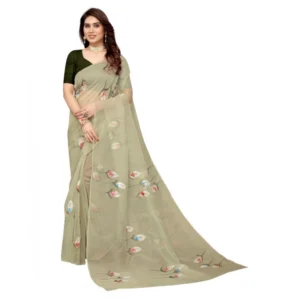 Women's Organza Floral Pattern Sarees (Mehndi, 5-6 Mtrs)
