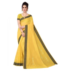Women's Cotton Blend Stripe Pattern Sarees (Yellow, 5-6 Mtrs)