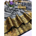 Women's Cotton Blend Emboss Woven Pattern Sarees (Grey Black, 5-6 Mtrs)