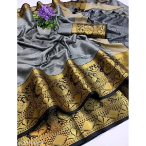 Women's Cotton Blend Emboss Woven Pattern Sarees (Grey Black, 5-6 Mtrs)