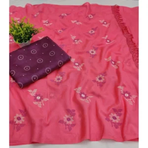 Women's Vichitra Silk Floral Rubber Printed Sarees (Peach, 5-6 Mtrs)