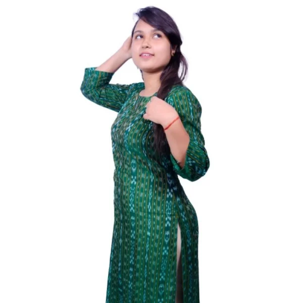 Women's Sambalpuri Certified Handloom Pure Cotton Straight Kurti (Green)