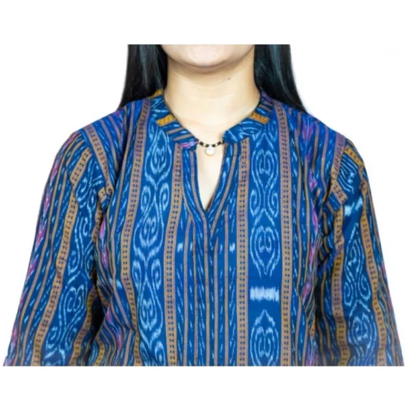 Women's Sambalpuri Certified Handloom Pure Cotton Straight Kurti (Blue)