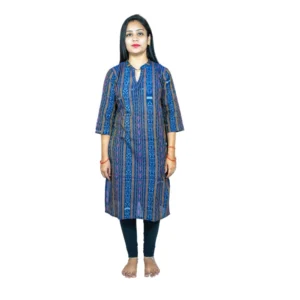 Women's Sambalpuri Certified Handloom Pure Cotton Straight Kurti (Blue)