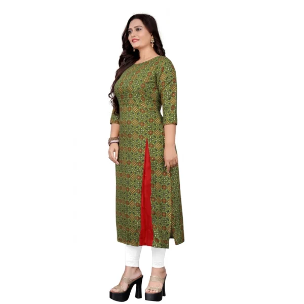 Women's Cotton Print with Foil Frontslit Kurti (Light Green)