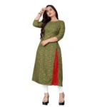 Women's Cotton Print with Foil Frontslit Kurti (Light Green)