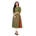 Women's Cotton Print with Foil Frontslit Kurti (Light Green)