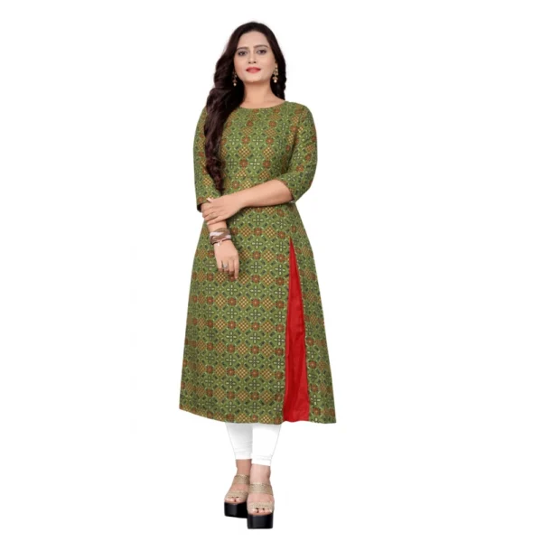 Women's Cotton Print with Foil Frontslit Kurti (Light Green)