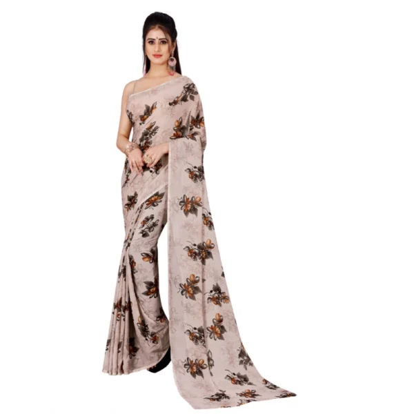Women's Poly Georgette Printed Saree Without Blouse (Cream)