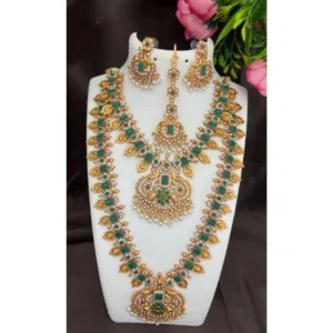 Women's Shimmering Temple Jewellery Combo Set (Green, Free Size)