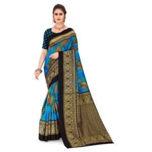 Women's Georgette Printed Saree With Unstitched Blouse (Blue, 5-6 Mtrs)