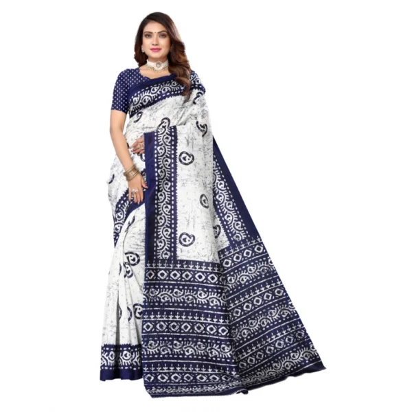 Women's Art Silk Printed Saree With Unstitched Blouse (Navy Blue, 5-6 Mtrs)