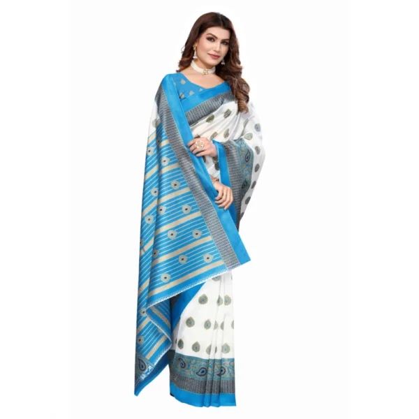Women's Art Silk Printed Saree With Unstitched Blouse (Blue, 5-6 Mtrs)