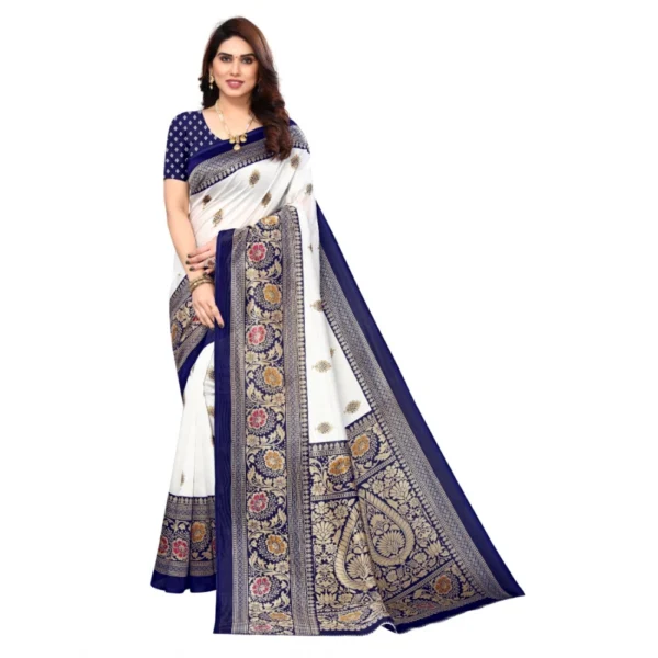 Women's Art Silk Printed Saree With Unstitched Blouse (Navy Blue, 5-6 Mtrs)