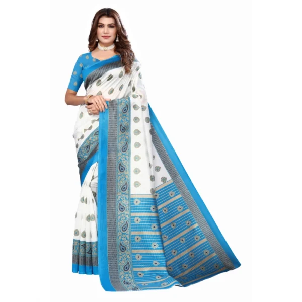 Women's Art Silk Printed Saree With Unstitched Blouse (Blue, 5-6 Mtrs)