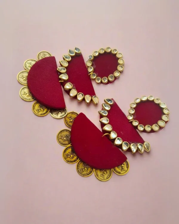 Rainvas red maroon kundan with golden coins jhumka earrings