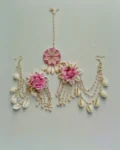 Rainvas rose floral earrings mangtika set in white pink with chain