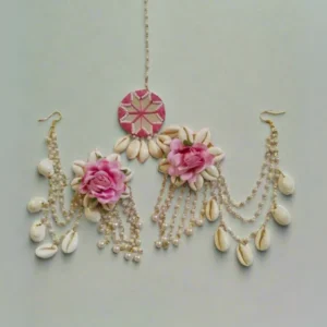Rainvas rose floral earrings mangtika set in white pink with chain