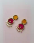 Rainvas Pink and yellow circular drop earrings with kundan
