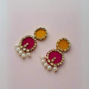 Rainvas Pink and yellow circular drop earrings with kundan