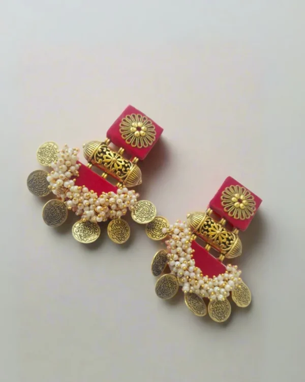 Rainvas Hot red heavy coin fabric jhumka for women