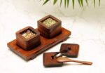 Freakway Sheesham Wood Serving Jar Set with Tray and Spoon for Home Kitchen and Restaurants Decor, 50 ml, Brown -2-Pieces