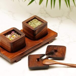 Freakway Sheesham Wood Serving Jar Set with Tray and Spoon for Home Kitchen and Restaurants Decor, 50 ml, Brown -2-Pieces