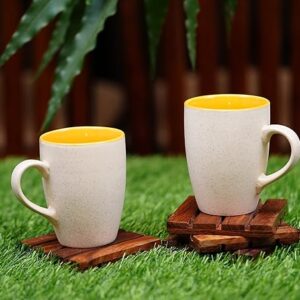 Freakway Handcrafted Matte Finish Cream White Handpainted Ceramic Coffee Mug (300 ml, Pack of 2)