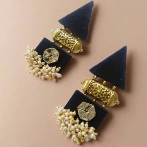Rainvas Black and gold triangular fabric earrings