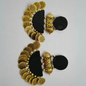 Rainvas plain black and gold coins jhumka earrings