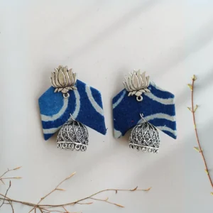 Rainvas Blue printed fabric lotus charm jhumka earrings