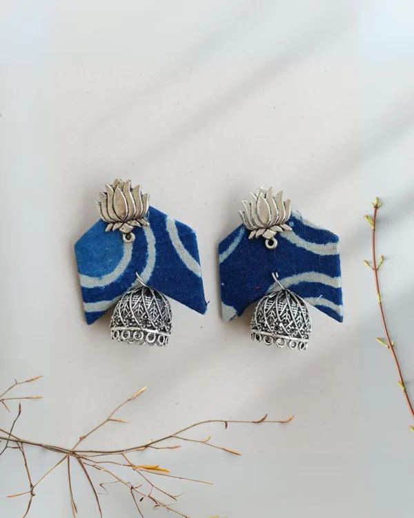 Rainvas Blue printed fabric lotus charm jhumka earrings
