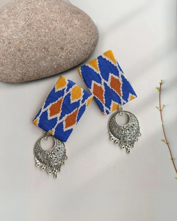 Rainvas Blue printed rectangular fabric earrings