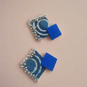 Rainvas Indigo print and silver ghungroo fabric earrings