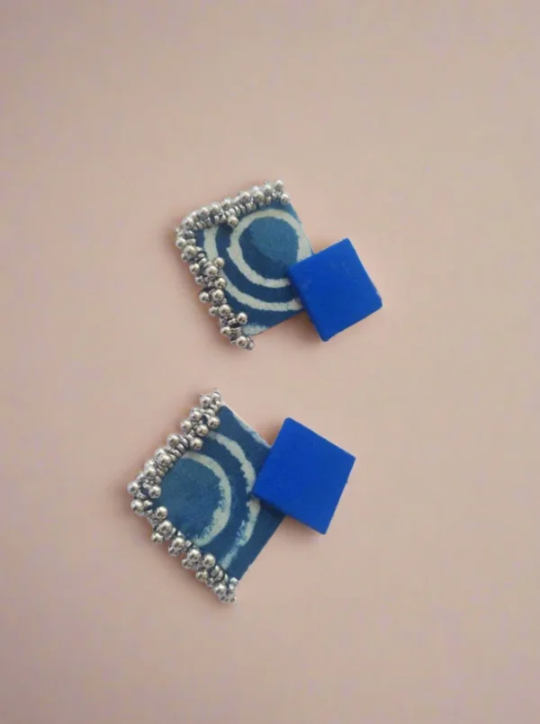 Rainvas Indigo print and silver ghungroo fabric earrings