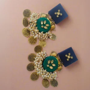 Rainvas Green and blue golden coins heavy kundan jhumka