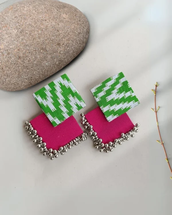 Rainvas Green and pink printed fabric earrings