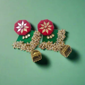Rainvas Green and red golden beaded heavy long jhumka