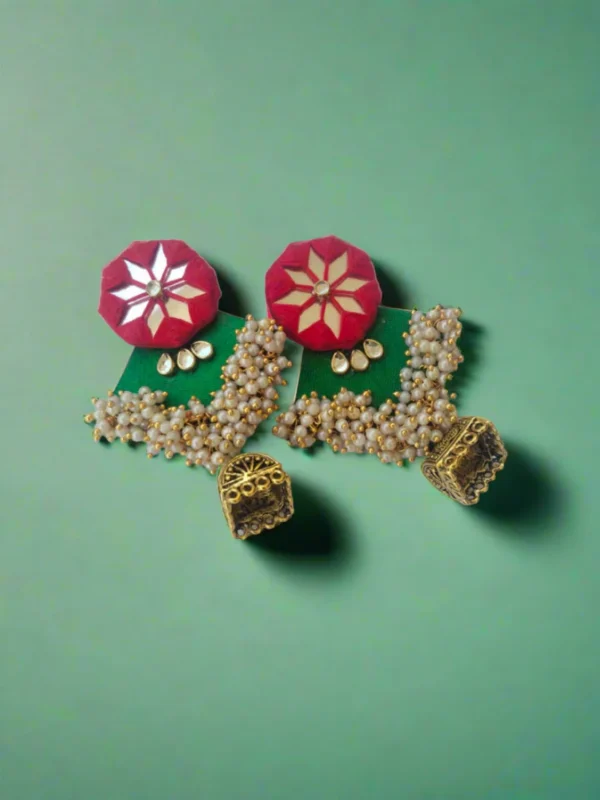 Rainvas Green and red golden beaded heavy long jhumka