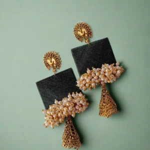 Rainvas Dark Green beaded long jhumka earrings